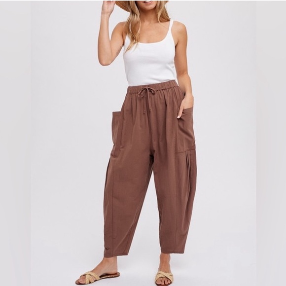Wide Leg Mocha Crop Barrel Style Oversized Pockets Drawstring Waist by Blu Ivy - Picture 1 of 7